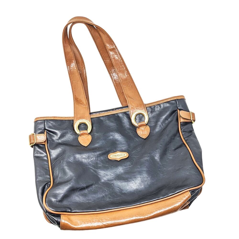 Vintage Capezio Womens Bag Black Brown Leather Large Tote Shoulder Y2K 90s Zip